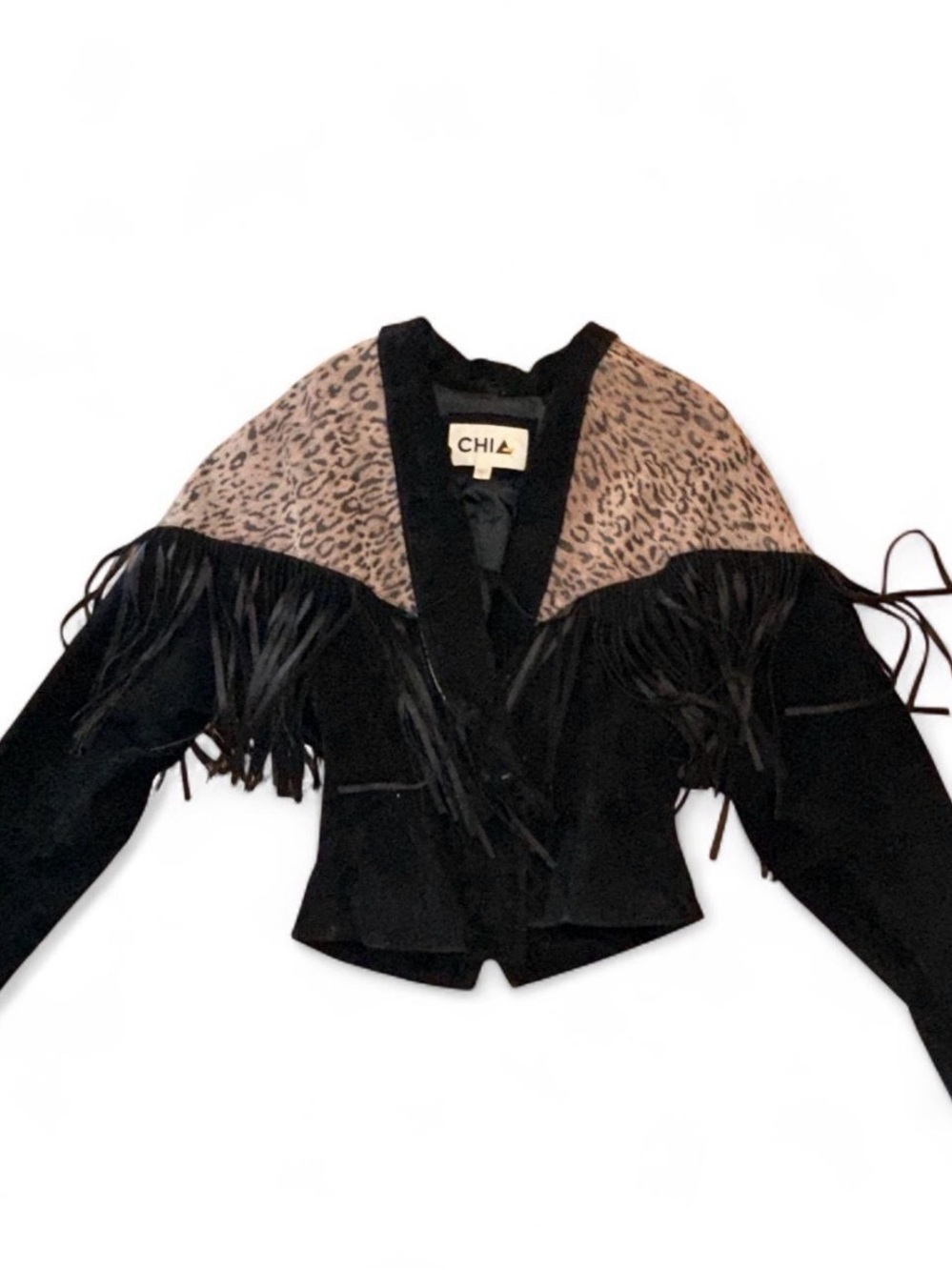 Chia Black Suede Fringe Jacket with Leopard Yoke Boho Vintage Medium